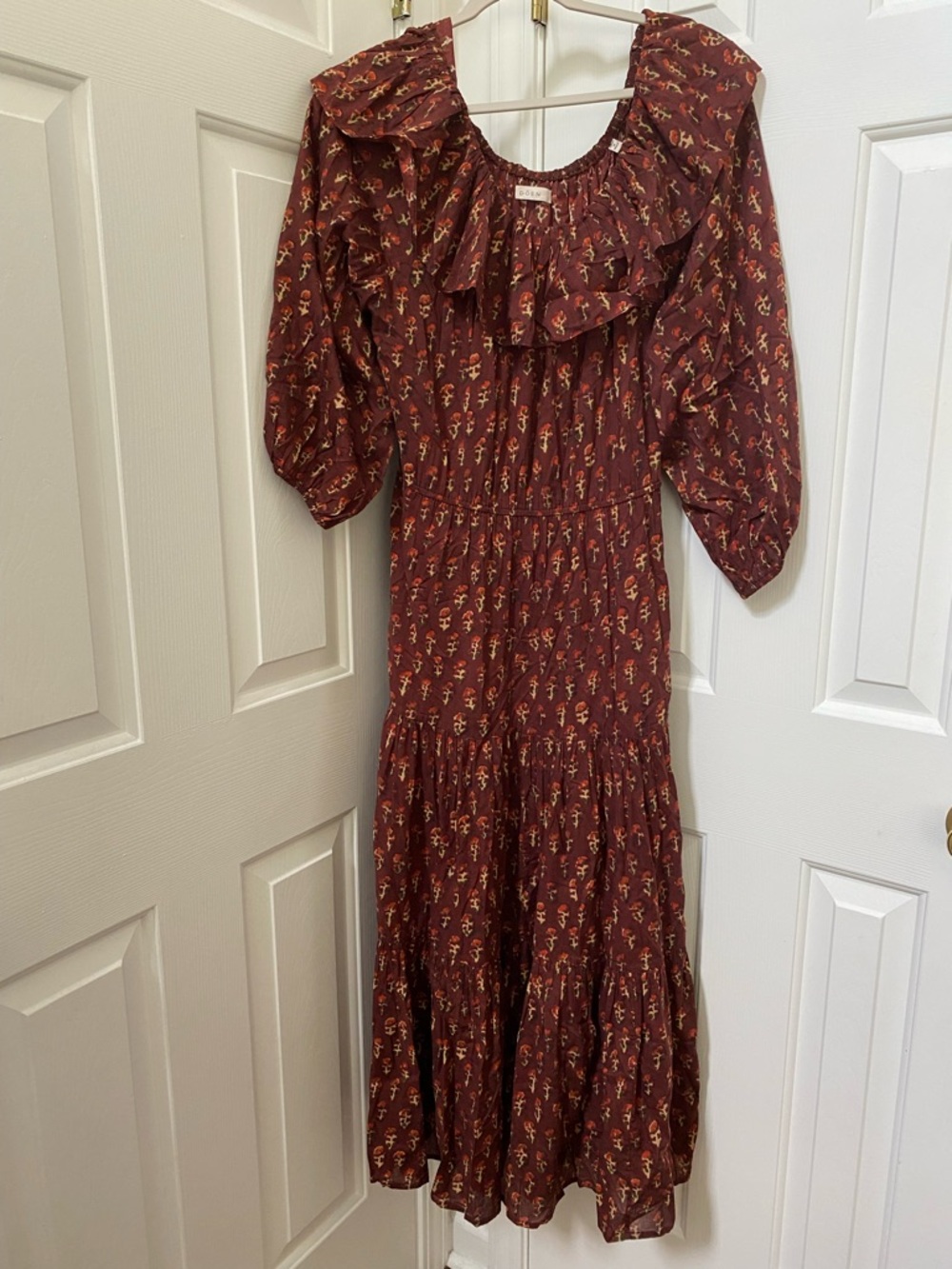 DOEN Plumeria Dress Size S Floral Print Maxi Ruffle Cottagecore Romantic Boho